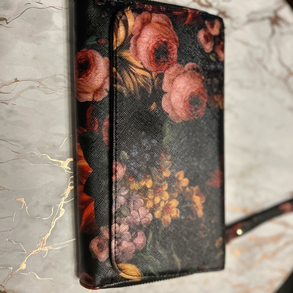 Floral Print Wallet with Wrist Strap